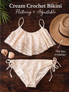 Cream Crochet Lace Bikini Set Ruffle Top Boho Beach Swim Set Tie Side Bottoms